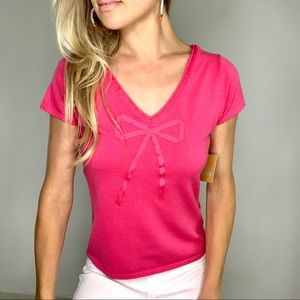 Hot Pink Ribbon Bow V Neck Top New With Tags Small